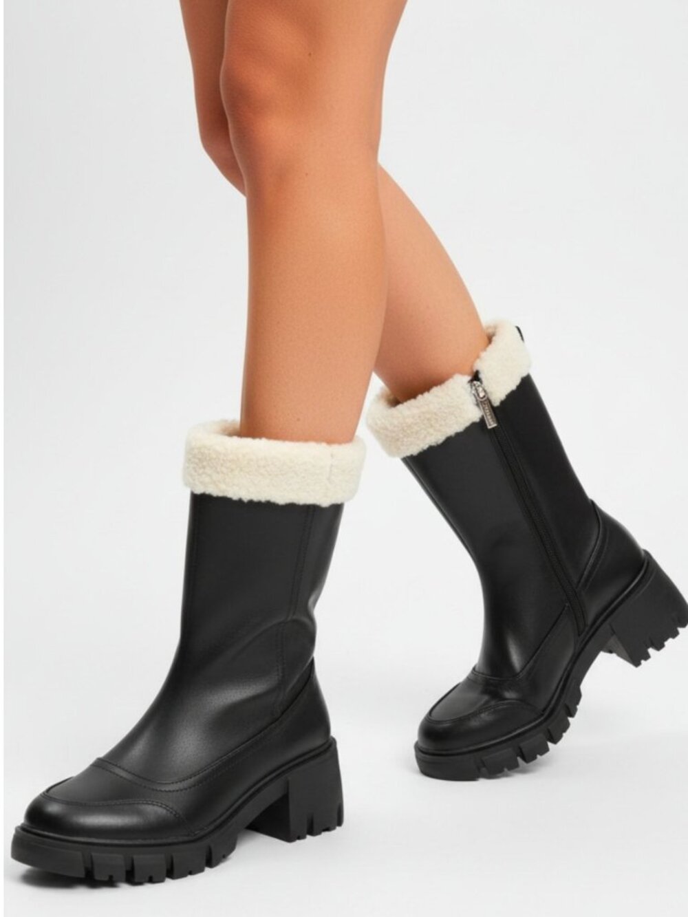 Black Mid-Calf Platform Boots With Shearling Trim & Side Zipper Closure